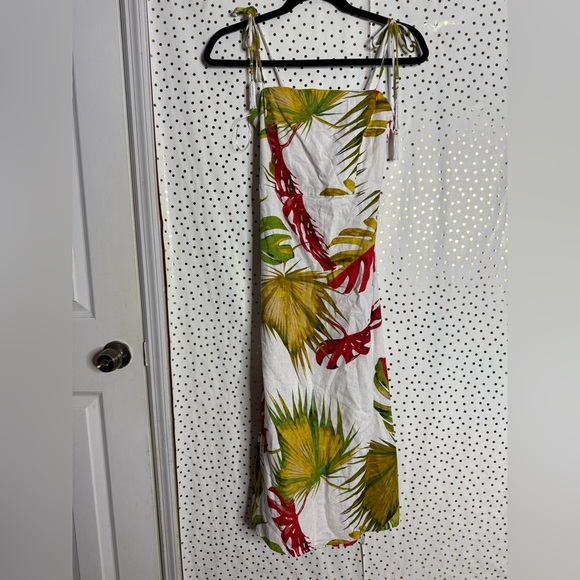 House of Harlow Midi Dress Linen-Blend Cut Out Smocked Back Bead Tassels - Picture 1 of 8